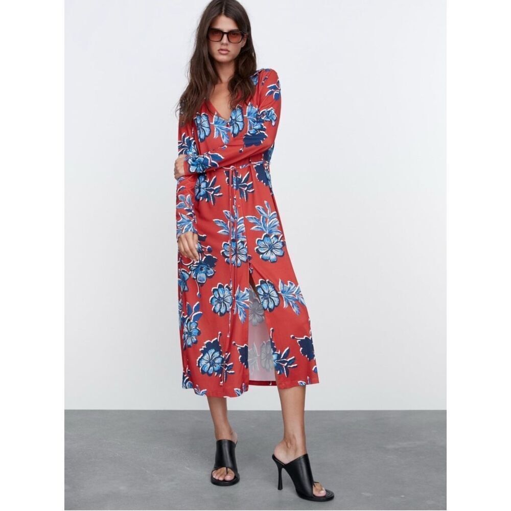 ZARA Plunge Tropical Floral Print Button Front Tie Waist Long‎ Sleeve Midi Dress